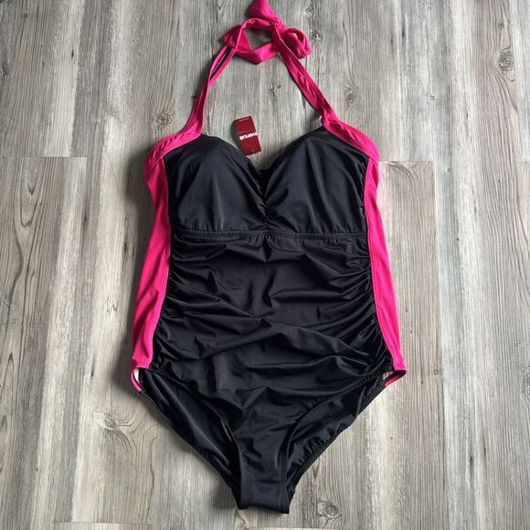 NWT The Avenue One Piece Swimsuit Black And Pink With Halter Top Size 22 - Picture 1 of 9